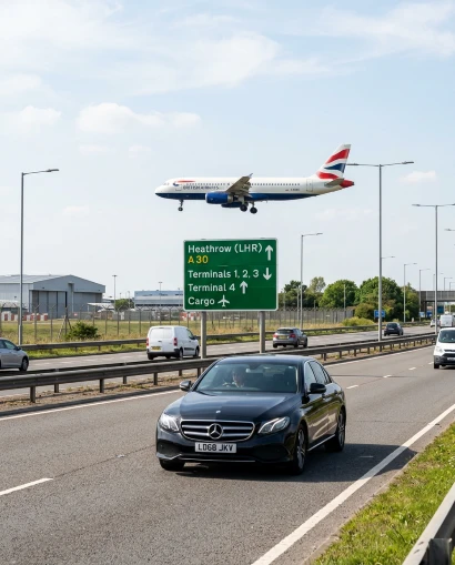 Car driving toward Heathrow Airport