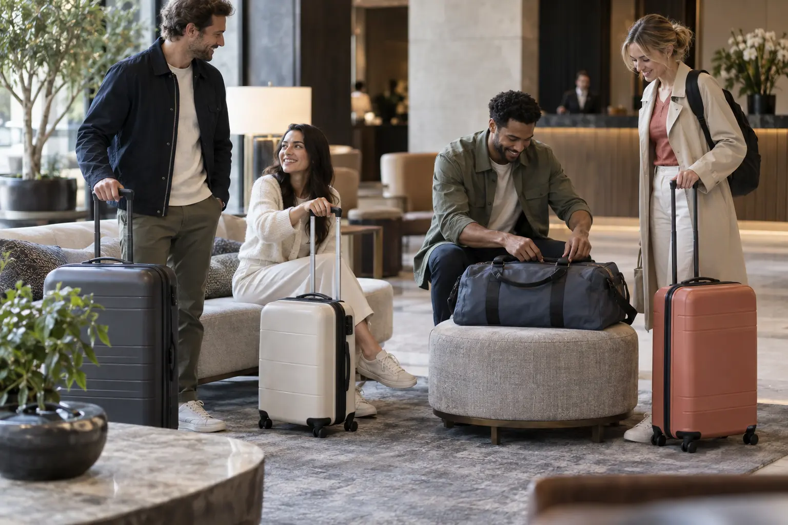 Travellers checking several different bags before an airport journey