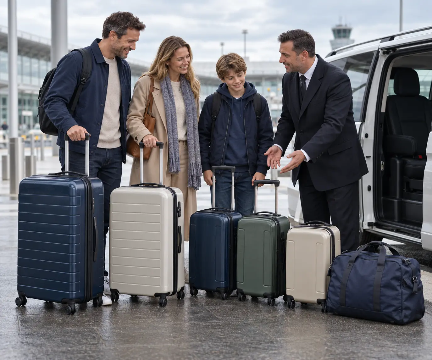 Two travellers comparing luggage beside a silver airport transfer vehicle