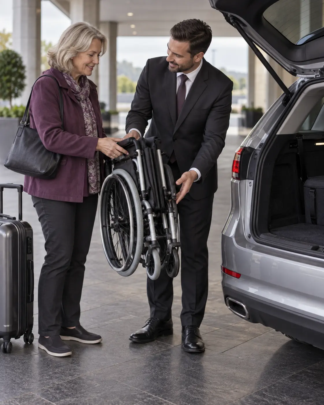 Traveller showing a folded wheelchair to a driver before loading