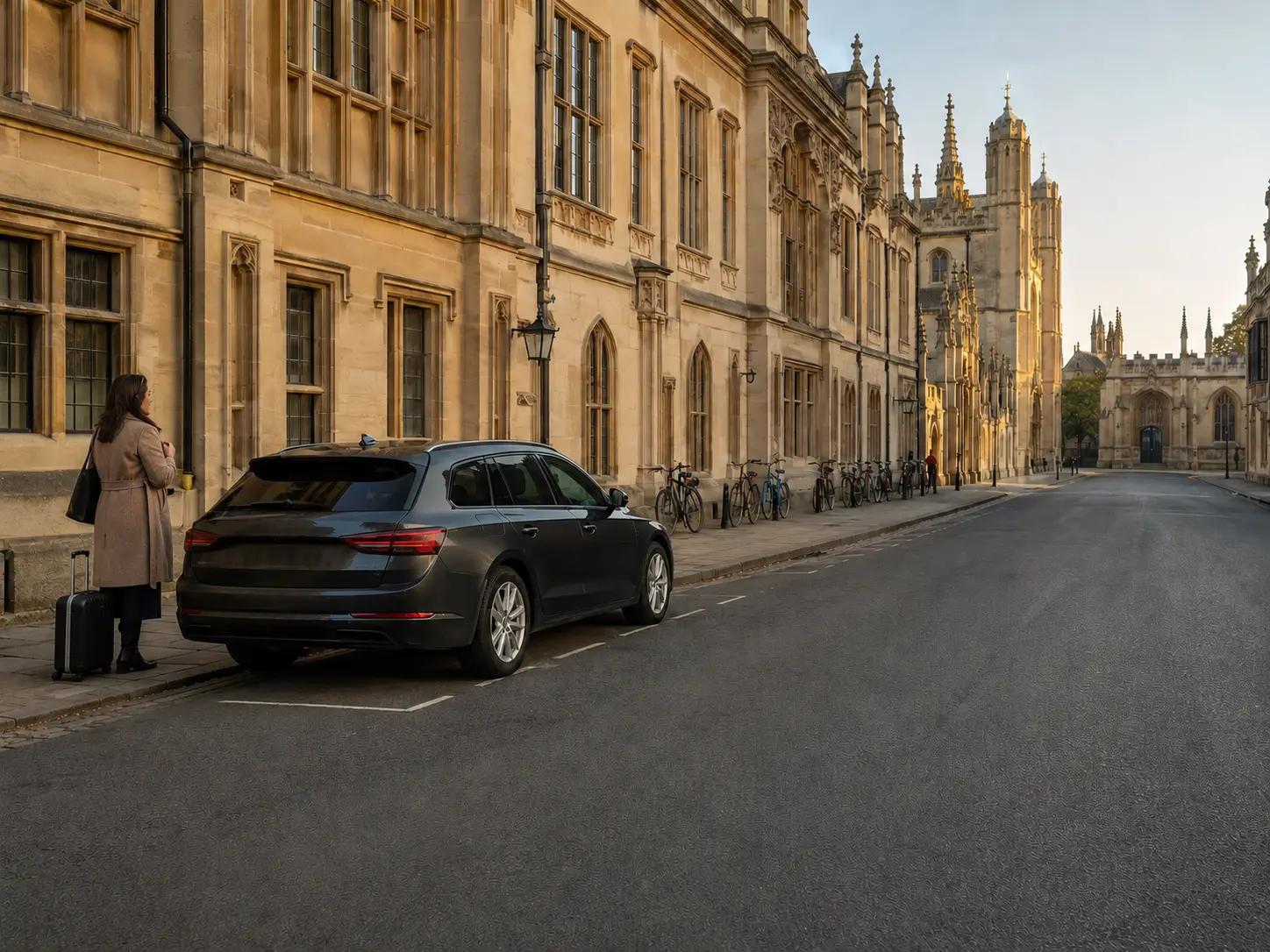 Airport transfer vehicle parked at the kerb on a Cambridge street