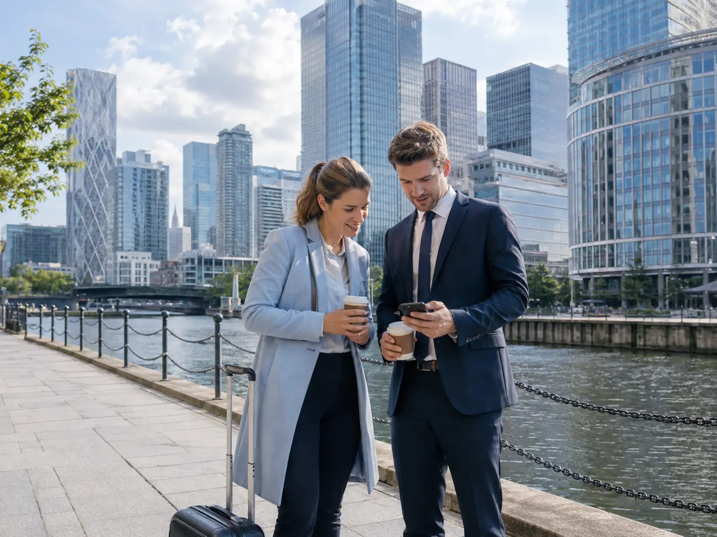 Business travellers checking a phone beside the docks and towers of Canary Wharf