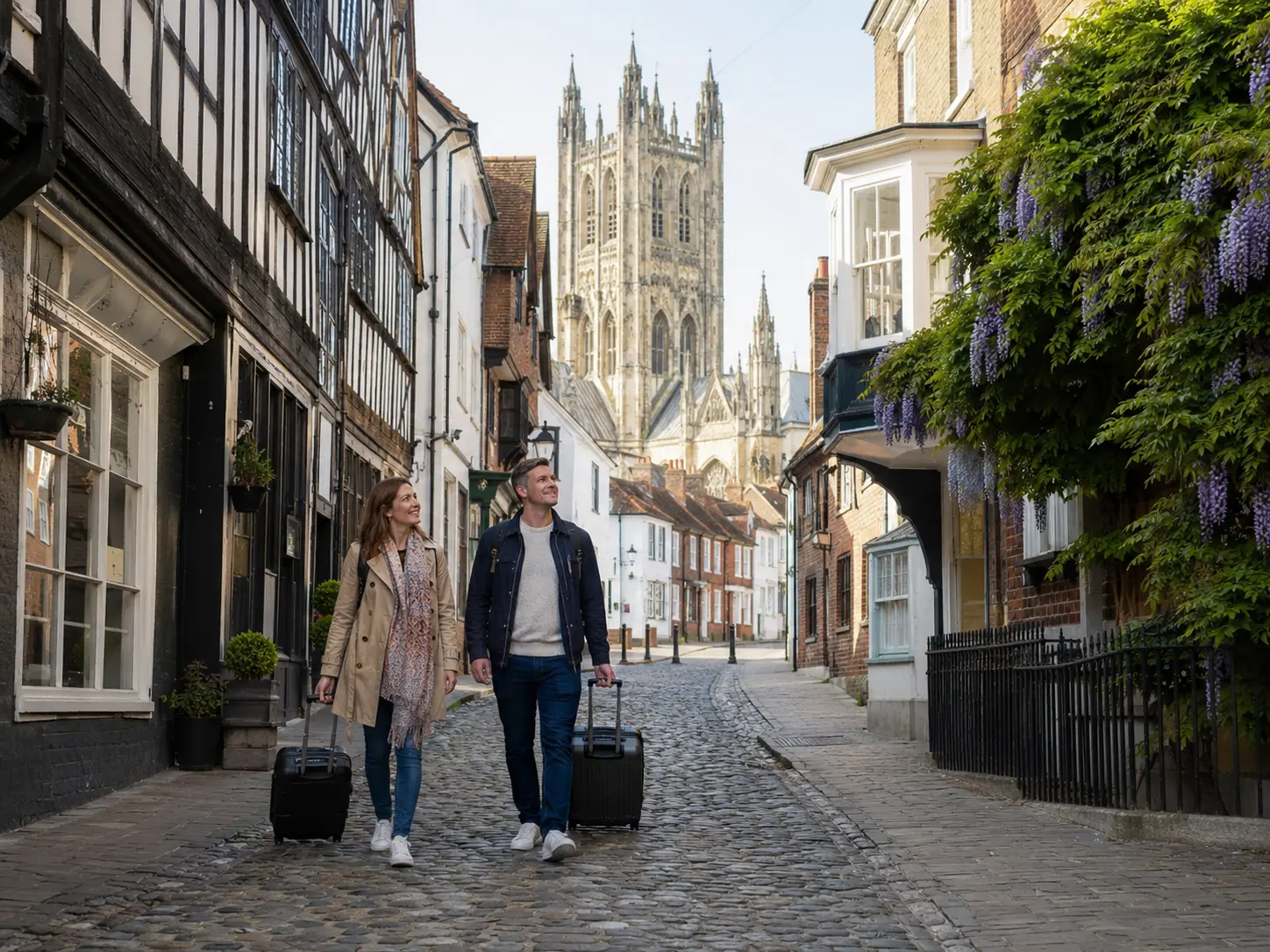 Travellers with luggage on a historic Canterbury street beneath the cathedral towers
