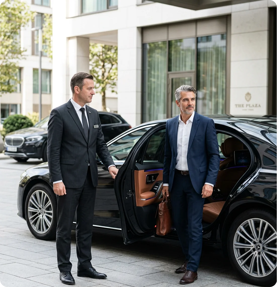 Chauffeur opening a luxury car door for a passenger.