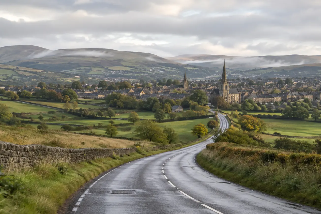 Rain-damp road winding through green countryside towards a British market town