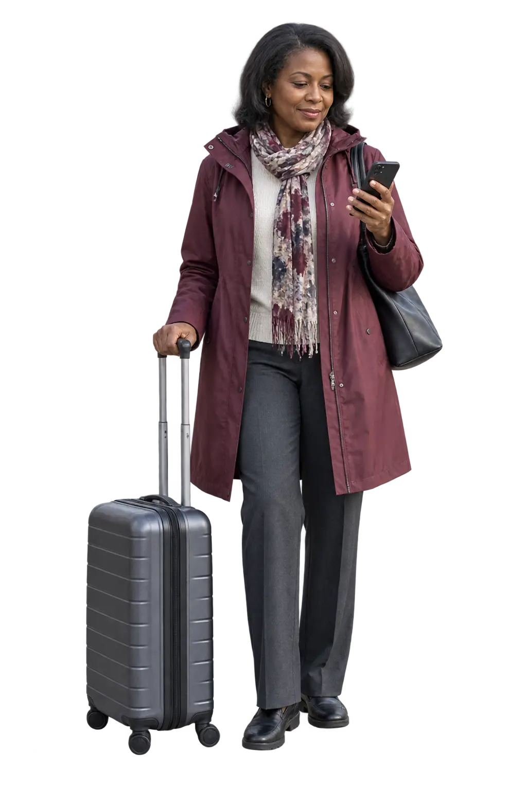 Traveller checking airport journey details beside a suitcase before leaving home
