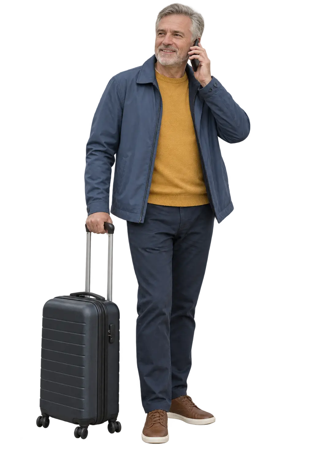 Traveller speaking by phone beside a cabin suitcase while confirming an airport journey