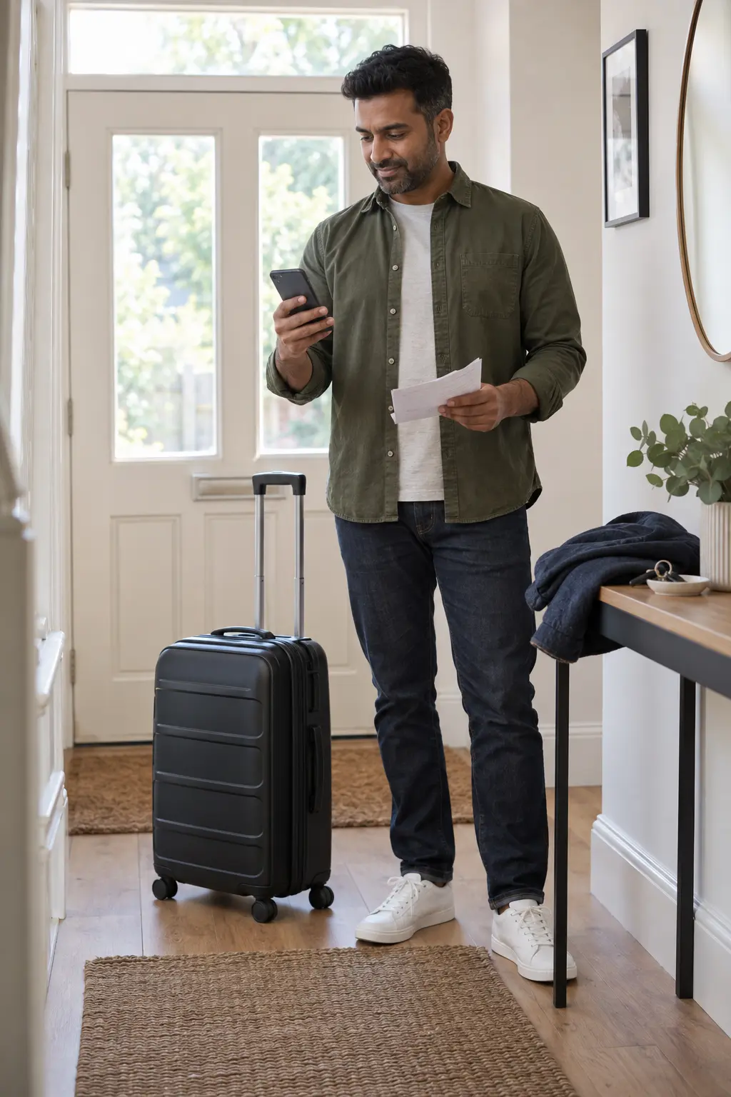 Traveller checking route information beside a packed suitcase in a home hallway