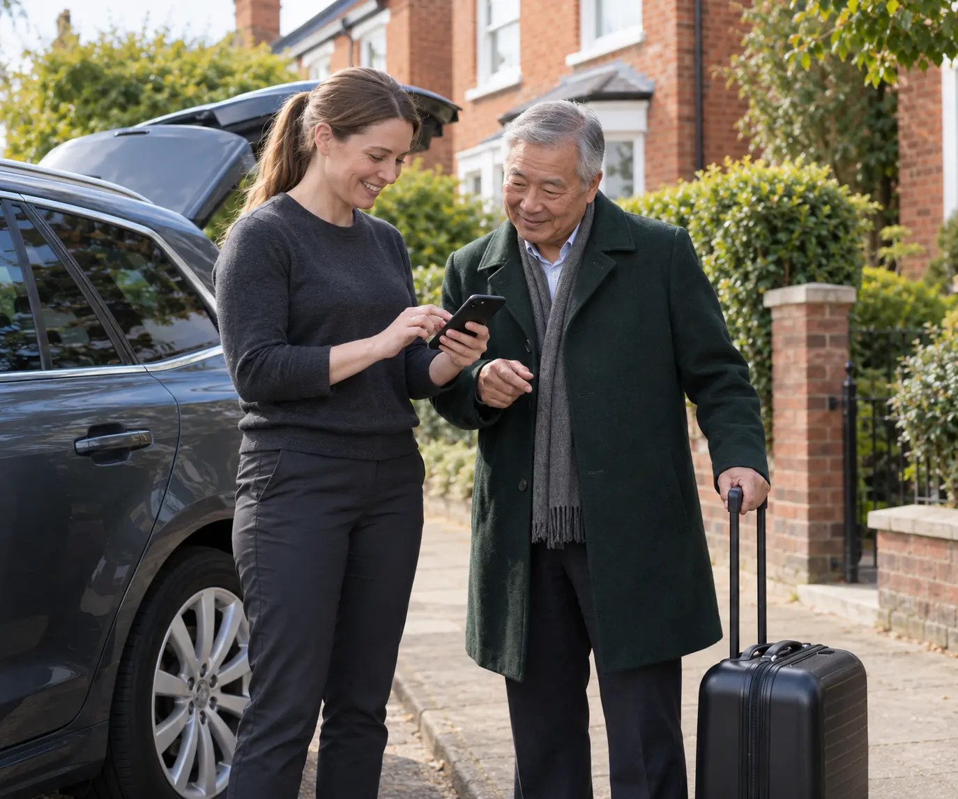 Driver and passenger checking airport journey details beside a parked car