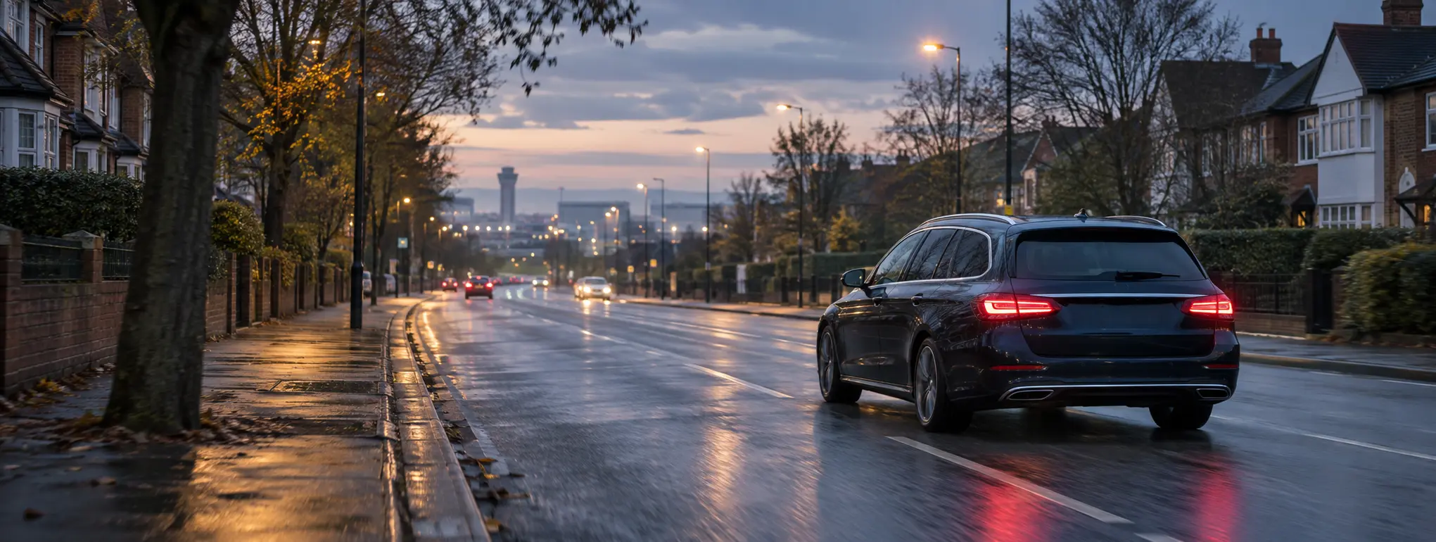 Airport transfer car travelling along a wet suburban road towards an airport at dawn