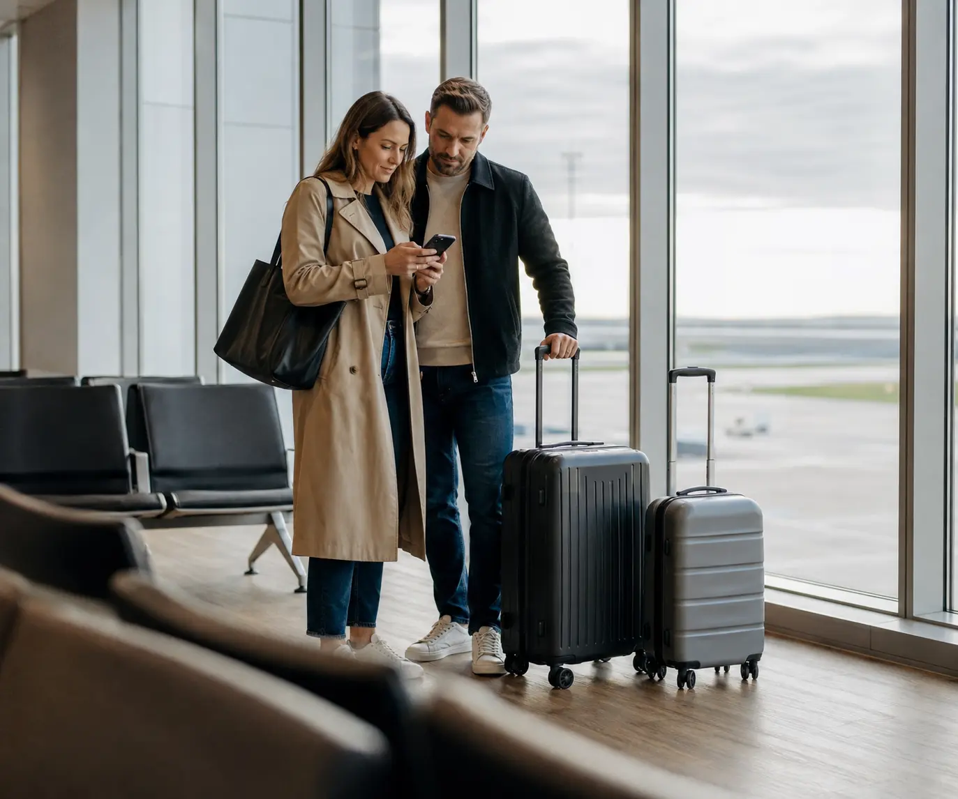 Couple review journey details on a phone beside their suitcases in an airport waiting area
