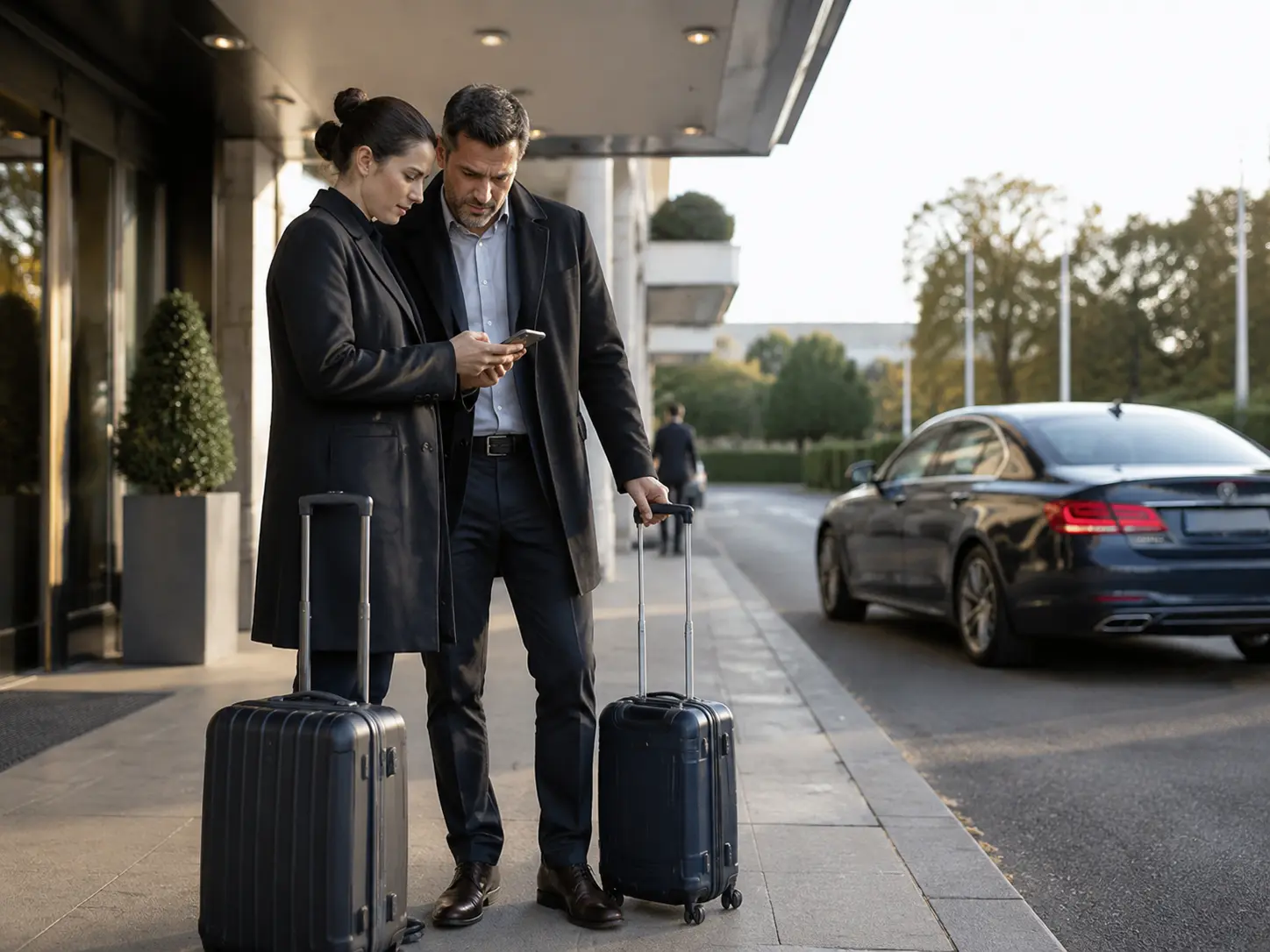 Business travellers meeting an airport transfer vehicle outside a hotel