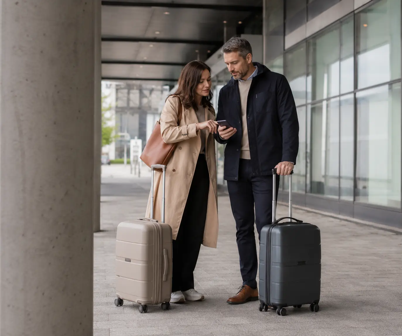 Two travellers checking their airport transfer details beside luggage