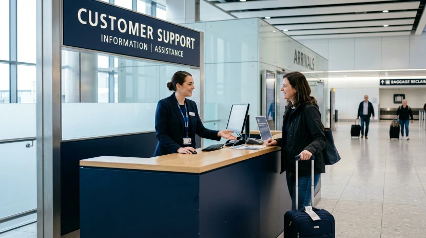 Airport customer support helping a passenger