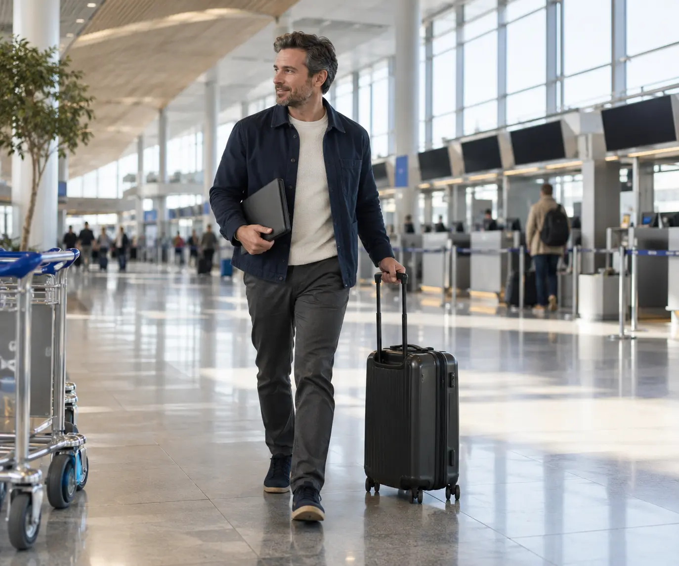 Traveller walking with a suitcase through a bright airport check-in hall