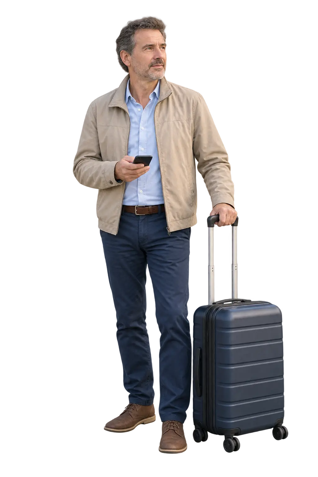 Traveller waiting beside a suitcase while checking for his airport car