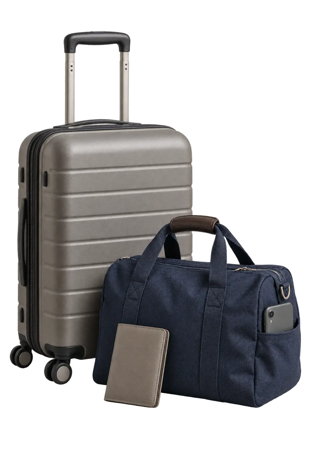 Prepared suitcase, holdall, travel wallet and phone