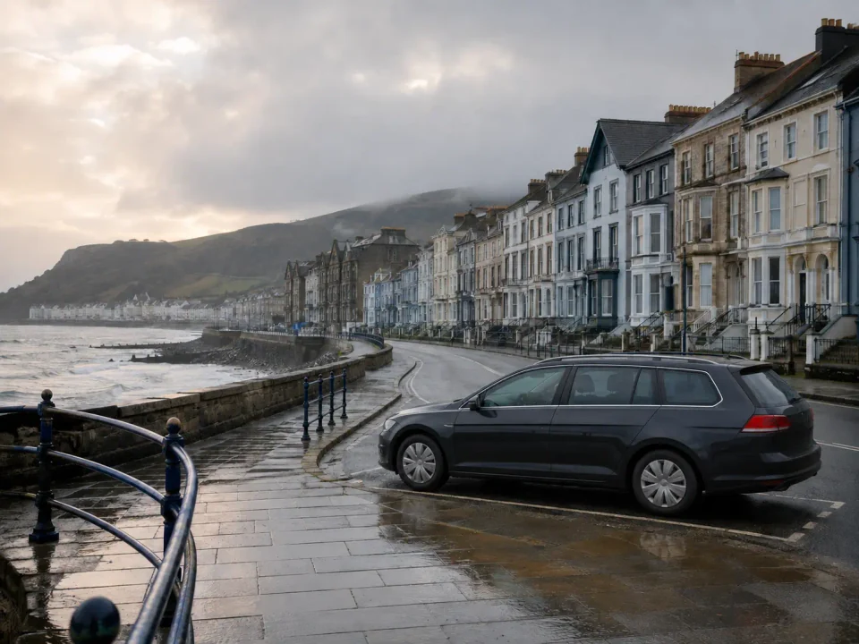 Airport transfer vehicle parked beside Aberystwyth seafront and Victorian terraces