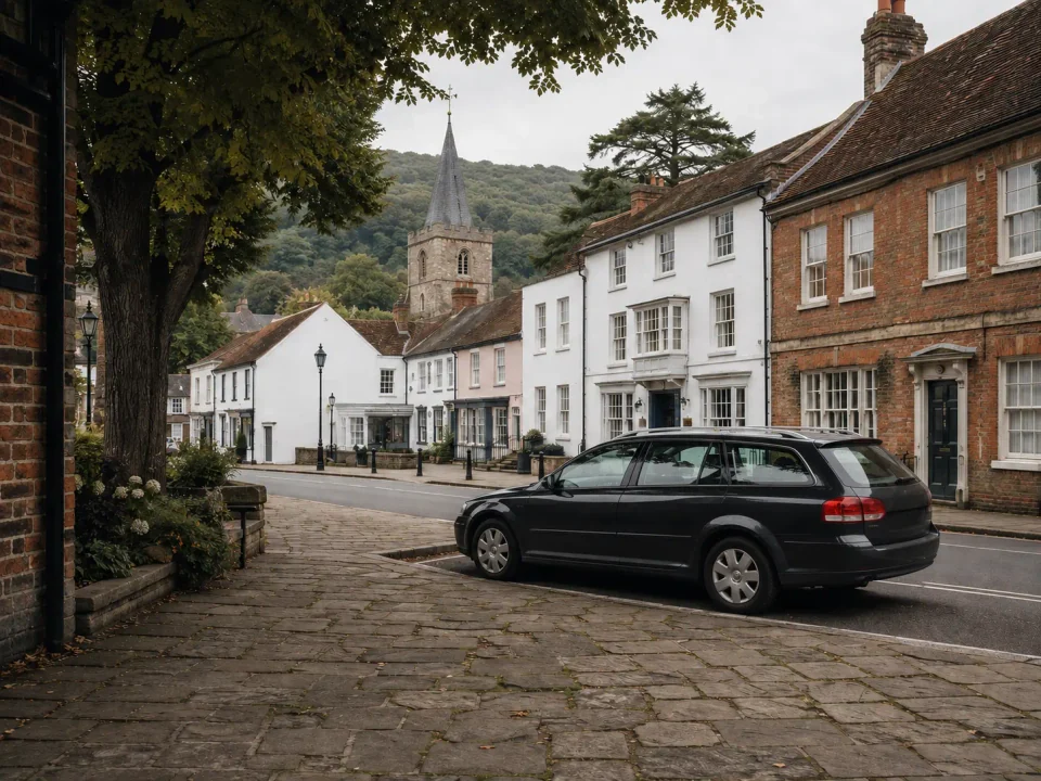 Airport transfer vehicle parked on a historic Amersham street below the Chiltern hills
