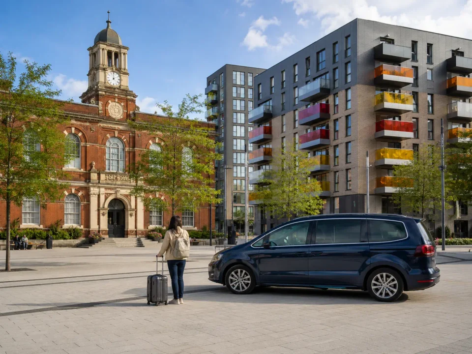 Premium people carrier beside Barking civic square and modern apartments