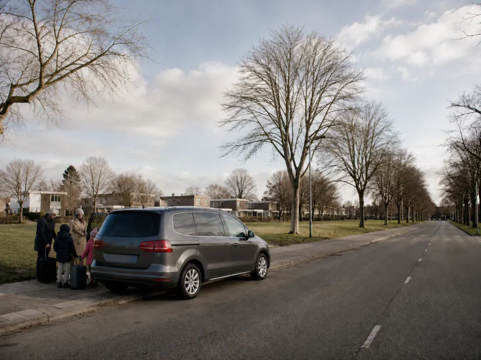 Airport transfer vehicle waiting at the kerb beside a Basildon greenway