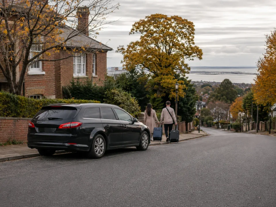 Airport transfer vehicle stopped at the kerb on a Benfleet residential street
