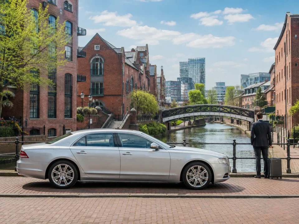 Executive saloon beside the canals and brick warehouses of Birmingham