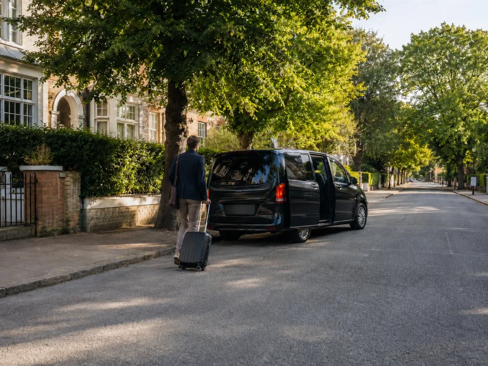 Airport transfer vehicle stopped at the kerb on a Bishop's Stortford road