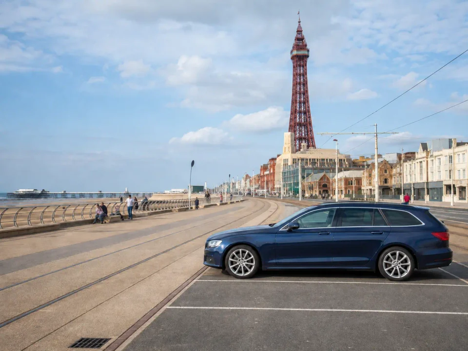 Executive estate car near the Blackpool promenade and tower
