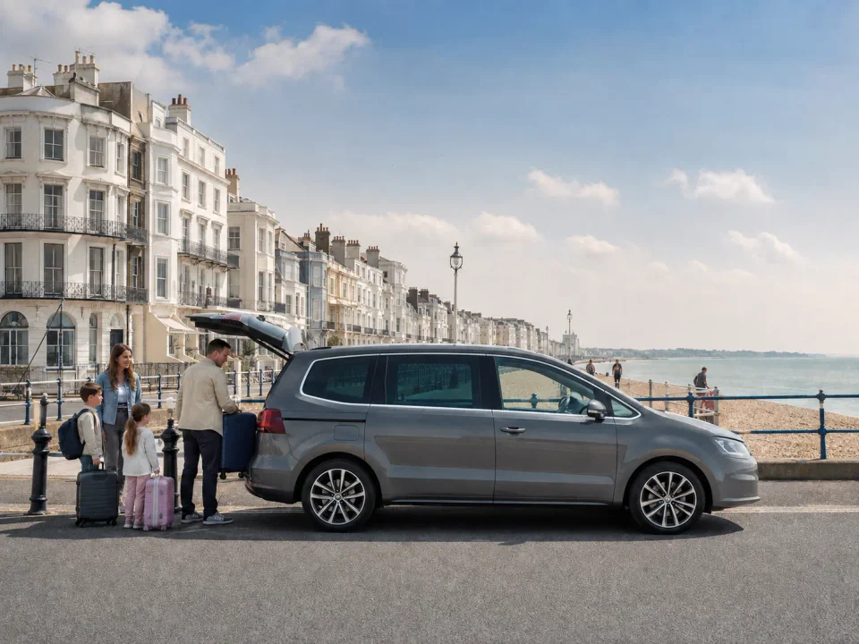 Family loading luggage beside a premium people carrier on Bognor Regis seafront