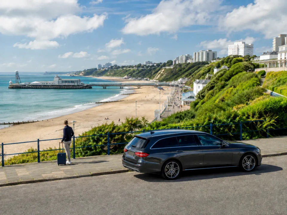 Executive estate car overlooking Bournemouth beach and pier