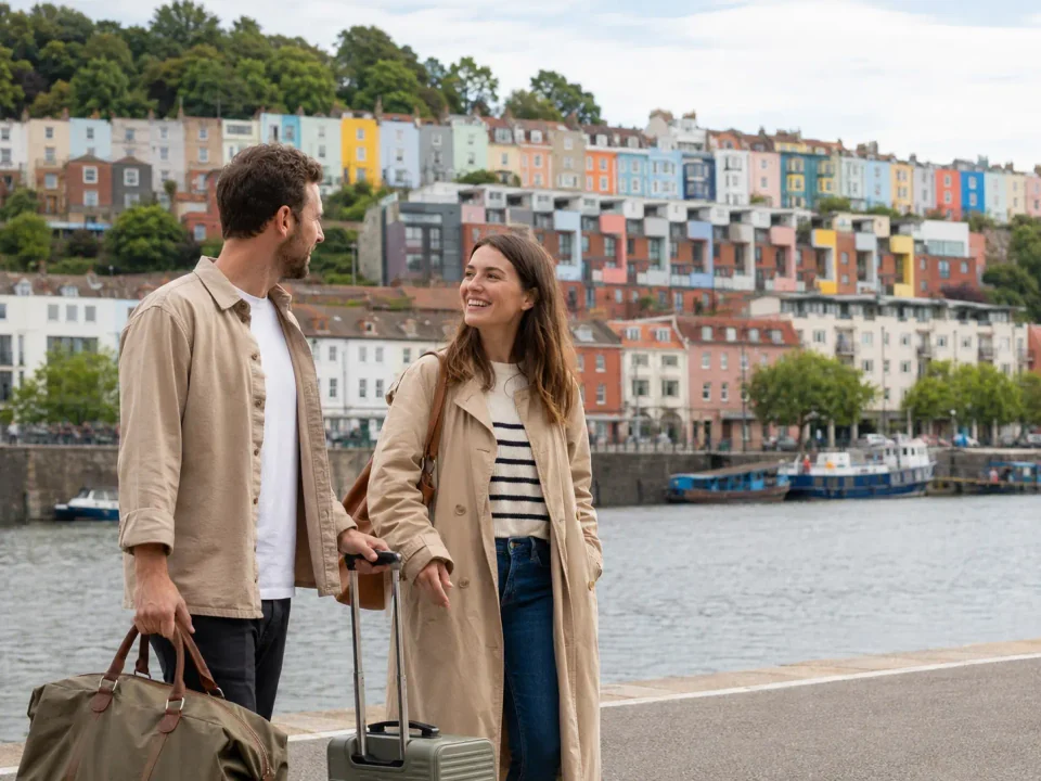 Travelling couple with luggage beside Bristol Harbourside and colourful hillside houses