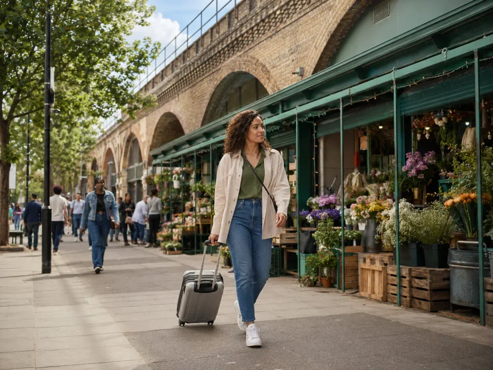 Solo traveller with a suitcase walking beside Brixton market and railway arches
