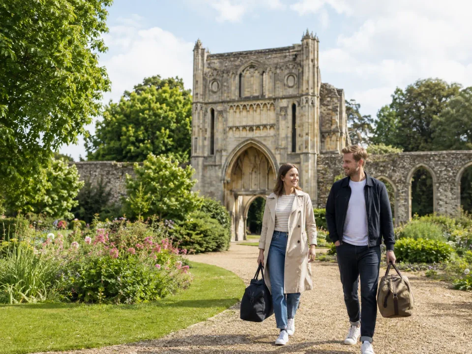 Visitors carrying travel bags through the Abbey Gardens in Bury St Edmunds