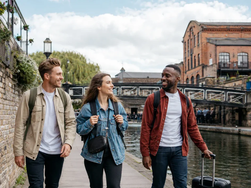 Friends travelling beside Regent's Canal and the brick market buildings of Camden Town