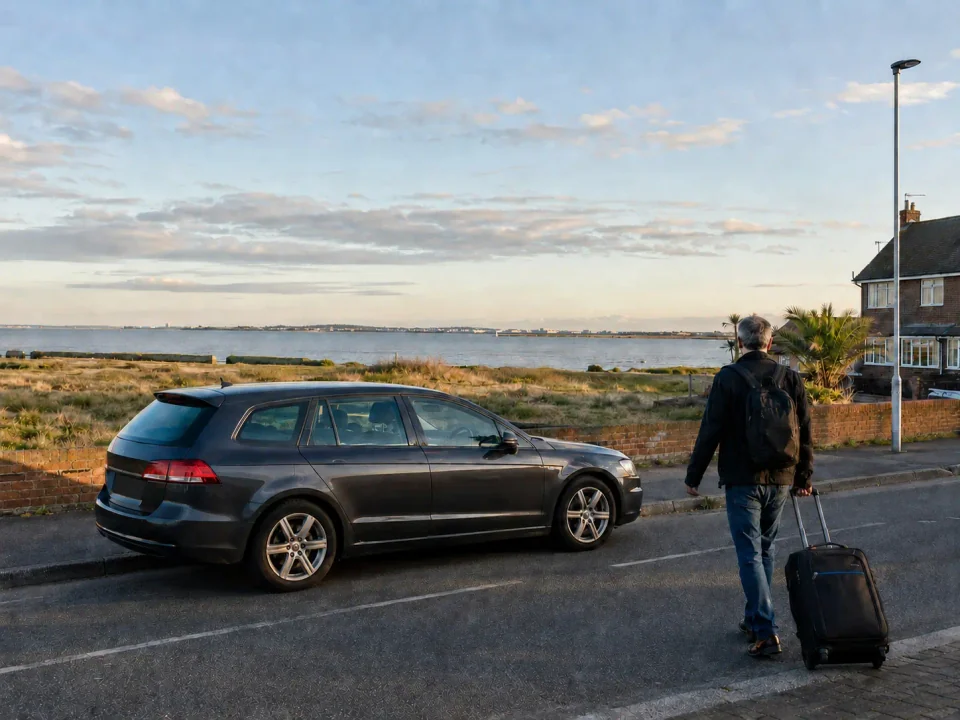 Airport transfer vehicle parked at the kerb on Canvey Island