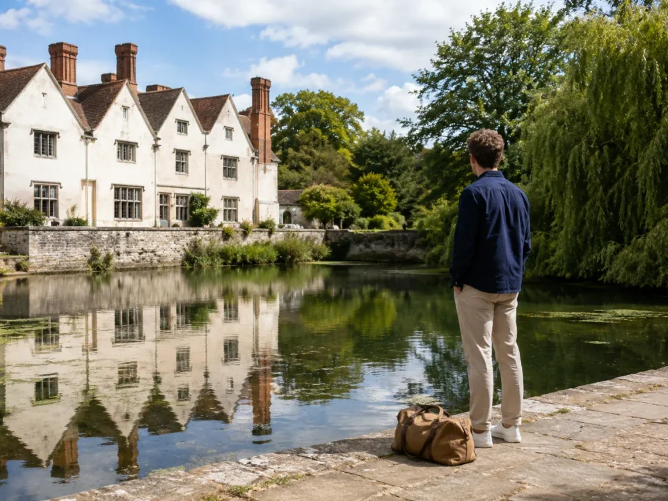 Traveller overlooking Carshalton Ponds and the historic Honeywood house