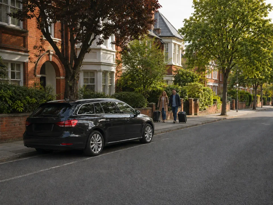 Airport transfer vehicle parked at the kerb in a Chelmsford neighbourhood