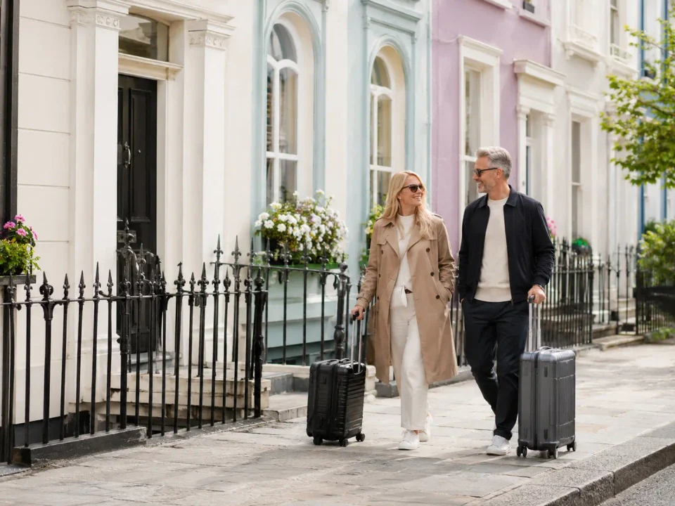 Travellers with suitcases on a colourful Georgian residential street in Chelsea