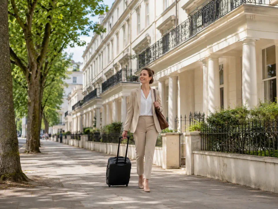 Business traveller walking past Regency terraces on the tree-lined Cheltenham Promenade