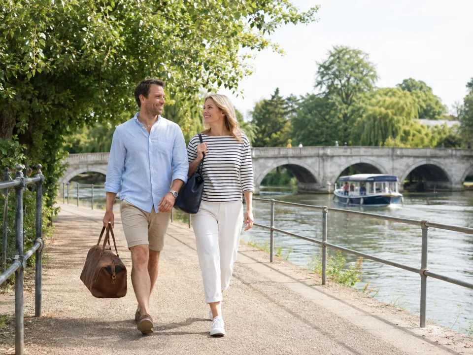 Couple carrying a weekend bag beside the River Thames and Chertsey Bridge