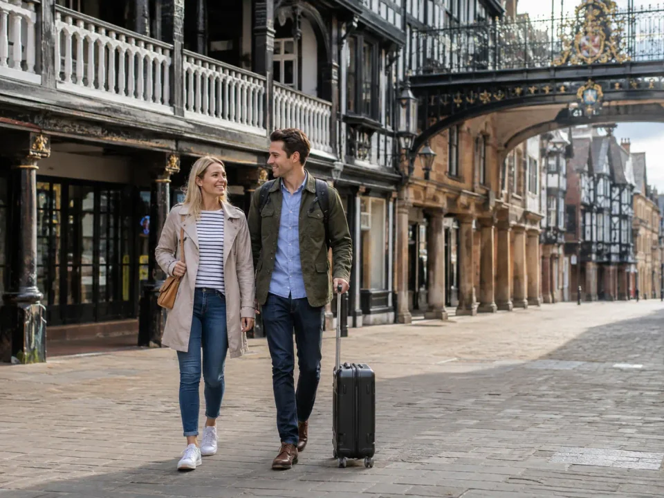 Travellers with luggage walking beneath the half-timbered Chester Rows