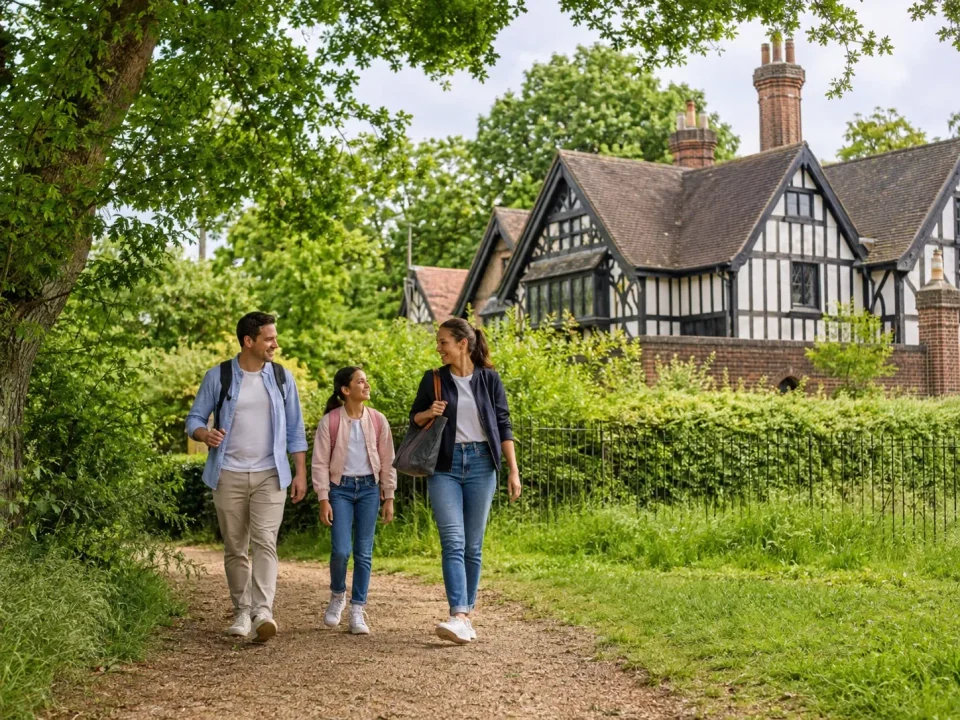 Family walking beside Queen Elizabeth's Hunting Lodge in Epping Forest, Chingford