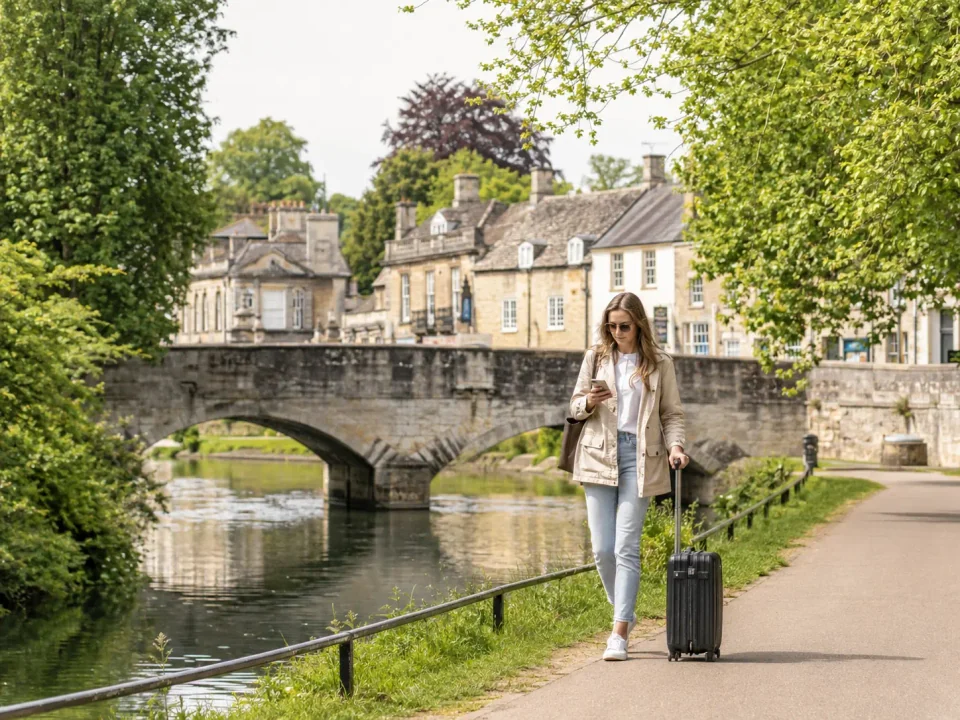 Traveller checking a phone beside the River Avon and an old bridge in Chippenham