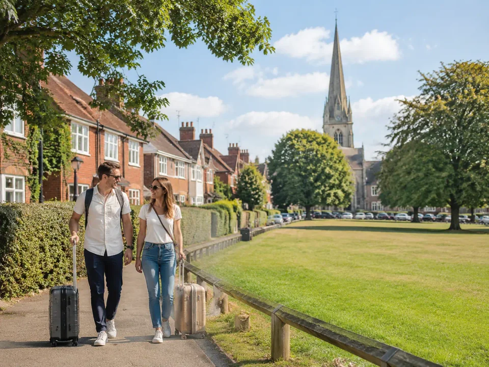 Travelling couple with suitcases beside the leafy village common in Chislehurst