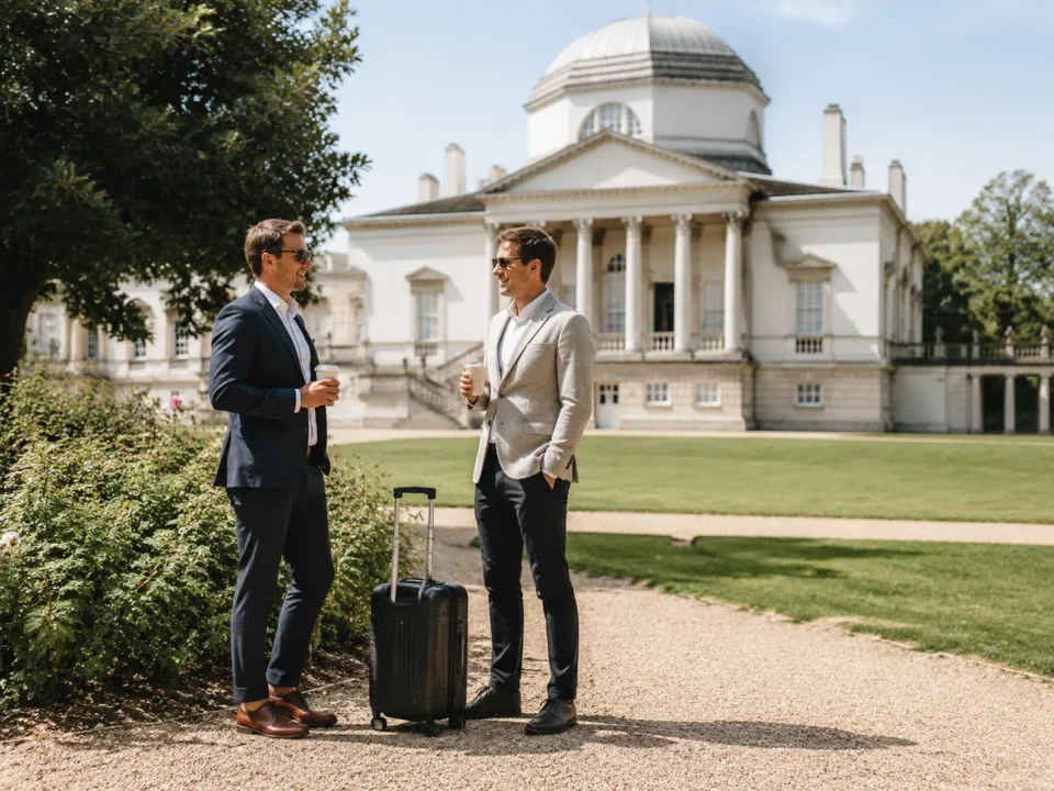 Business travellers having coffee in the gardens beside Chiswick House