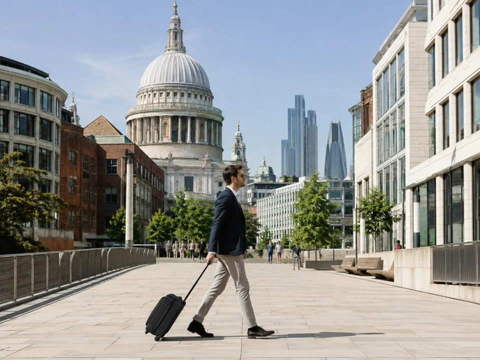 Business traveller with a suitcase walking towards St Paul's Cathedral in the City of London