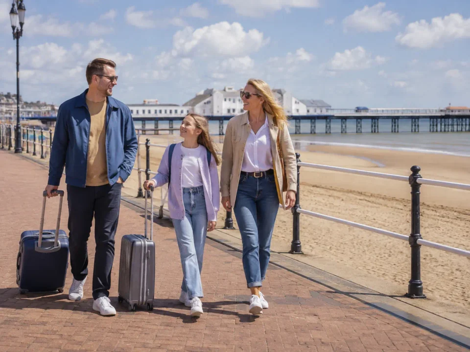 Family travellers with luggage on Clacton-on-Sea promenade beside the pier