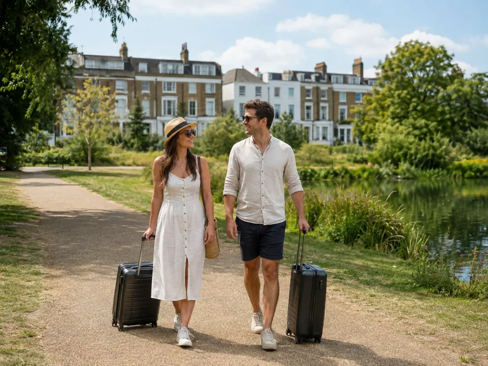 Young travelling couple with suitcases beside Clapham Common and Georgian terraces