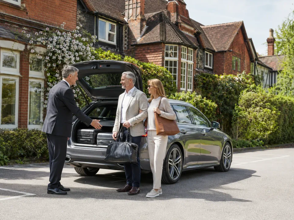 Chauffeur greeting a travelling couple beside an executive estate car in Cobham